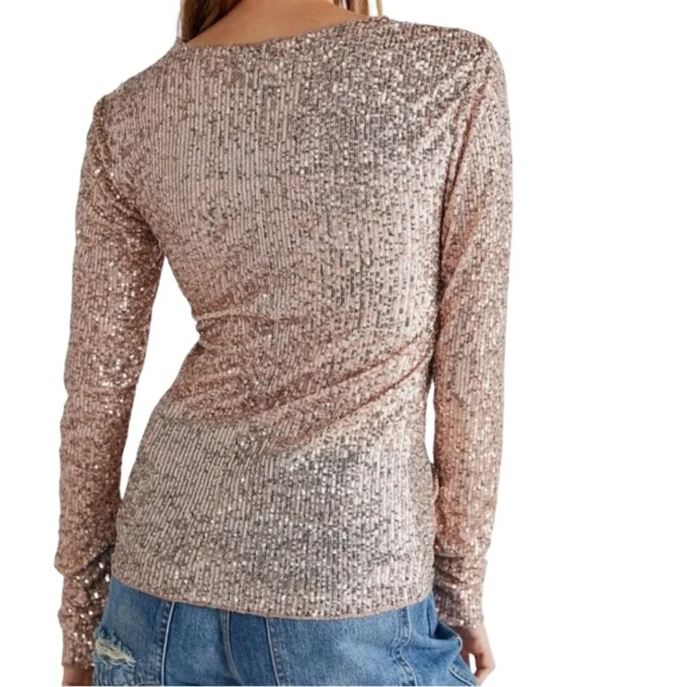 Free People Intimately Free NWT Gold Rush Sequined Tee Rose Tyrie Size S